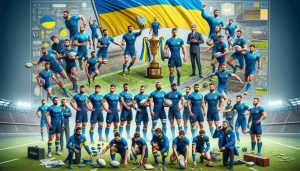 Realistic HD image depicting an ensemble scene of a fictitious Ukrainian rugby team's journey to international recognition. Visualize a diverse group of male rugby players in blue and yellow uniforms reflecting the colors of Ukraine's flag. Show progressive scenes such as players training intensively, designing strategies, contending in rigorous matches, and ultimately holding a championship trophy amidst applauding spectators. Also include various background elements representing the locales of their journey, starting from a local rugby field in Ukraine, progressing through various international stadiums, and culminating on a globally recognized rugby pitch.