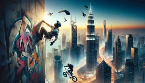 Generate a realistic, high-definition image of urban adventure sports. Picture this: the city's skyline serves as a dramatic backdrop, brimming with towering skyscrapers and vibrant city lights. In the heart of this urban expanse, thrill-seekers participate in diverse adventure sports. A man of South Asian descent is scaling the side of a towering building, his gear catching the city's glow. Simultaneously, a Hispanic woman on a BMX bike performs a high-flying trick over a makeshift ramp with graffiti art. Further in the distance, a Middle-Eastern man is seen parachuting from a skyscraper, a sight of indescribable exhilaration.