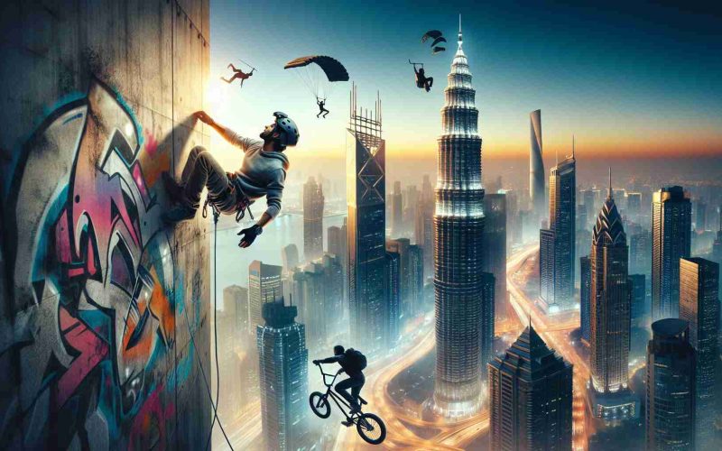 Generate a realistic, high-definition image of urban adventure sports. Picture this: the city's skyline serves as a dramatic backdrop, brimming with towering skyscrapers and vibrant city lights. In the heart of this urban expanse, thrill-seekers participate in diverse adventure sports. A man of South Asian descent is scaling the side of a towering building, his gear catching the city's glow. Simultaneously, a Hispanic woman on a BMX bike performs a high-flying trick over a makeshift ramp with graffiti art. Further in the distance, a Middle-Eastern man is seen parachuting from a skyscraper, a sight of indescribable exhilaration.