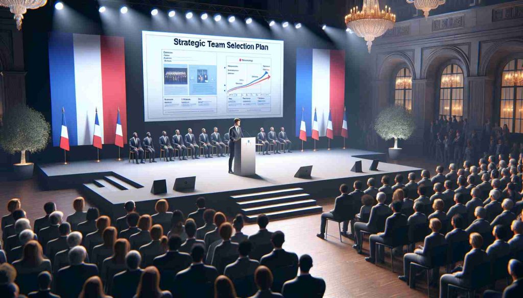 A high-resolution, realistic image of a detailed presentation of a strategic team selection plan being announced in France. The scene includes a staged podium with a person of Caucasian descent on stage, speaking into a microphone. To capture the French context, the atmosphere has banners and flags of France and the backdrop displays a large screen showing a detailed chart representing the selection plan. The audience contains people of various descents and genders, all attentively listening to the presentation.