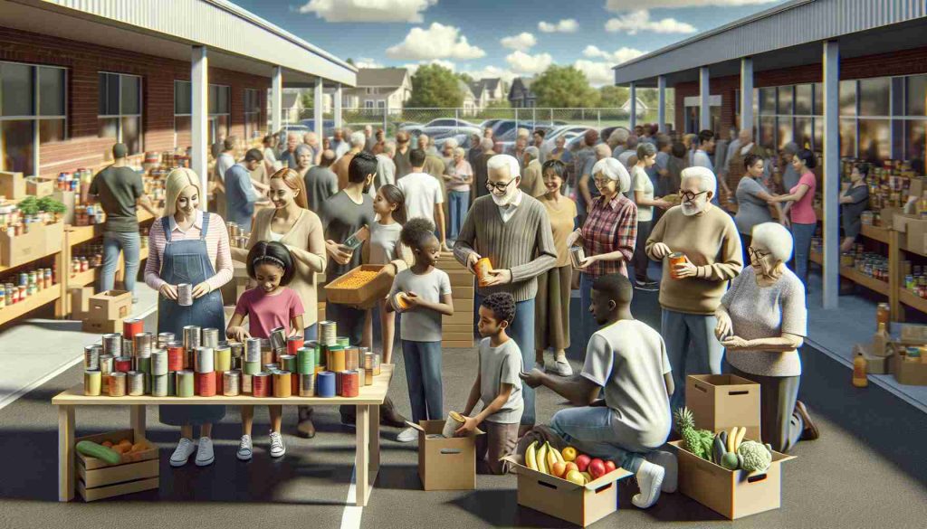 Realistic and high-definition image of a community gathering together for a local food drive. The scene reveals a blend of different descents and genders, such as Caucasian women, Hispanic men, Black children, South Asian seniors, participating and volunteering with enthusiasm. They are distributing and collecting canned goods, boxes of cereals, packets of grains, fresh produce, and other non-perishable food items. Background shows a community center in a suburban neighborhood and a bright sunny day.