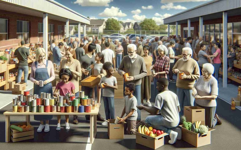 Realistic and high-definition image of a community gathering together for a local food drive. The scene reveals a blend of different descents and genders, such as Caucasian women, Hispanic men, Black children, South Asian seniors, participating and volunteering with enthusiasm. They are distributing and collecting canned goods, boxes of cereals, packets of grains, fresh produce, and other non-perishable food items. Background shows a community center in a suburban neighborhood and a bright sunny day.