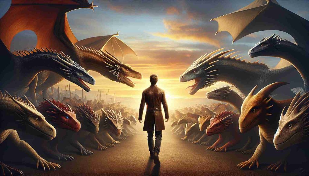 A high-definition image depicting a metaphorical scene of a new chapter unfolding for dragons. A figure, representing a commitment to the future, stands in the midst of the dragons. The figure, identifiable as Ben Carter due to his physical attributes like his medium built, blonde hair and blue eyes, emanates a sense of unity and determination. The dragons surround him, showcasing diverse sizes and colors, all appearing eager and ready for this new stage. The backdrop is set against a breathtaking sky at sunset, creating a warm and hopeful atmosphere.