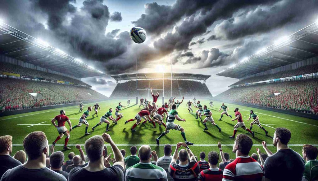 A high definition, realistic image of a competitive rugby match between two teams, representing Ulster and Connacht in the United Rugby Championship. The sky is filled with heavy clouds, indicating the arrival of rain. On the lush green field, show players from both teams intensely engaged in the game, the rugby ball being fiercely contested. Spectators surround the field, faces painted in team colors, cheering in excitement. The dynamic energy, teamwork and rivalry during the match should be clearly depicted.