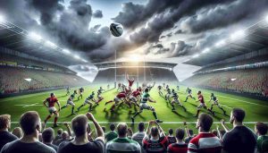 A high definition, realistic image of a competitive rugby match between two teams, representing Ulster and Connacht in the United Rugby Championship. The sky is filled with heavy clouds, indicating the arrival of rain. On the lush green field, show players from both teams intensely engaged in the game, the rugby ball being fiercely contested. Spectators surround the field, faces painted in team colors, cheering in excitement. The dynamic energy, teamwork and rivalry during the match should be clearly depicted.