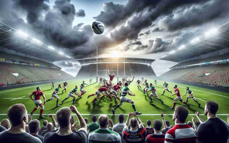 A high definition, realistic image of a competitive rugby match between two teams, representing Ulster and Connacht in the United Rugby Championship. The sky is filled with heavy clouds, indicating the arrival of rain. On the lush green field, show players from both teams intensely engaged in the game, the rugby ball being fiercely contested. Spectators surround the field, faces painted in team colors, cheering in excitement. The dynamic energy, teamwork and rivalry during the match should be clearly depicted.