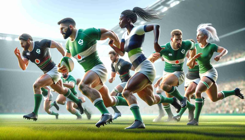 A high-definition, realistic illustration of a rugby match on a sunny weekend, featuring Irish rugby players. The athletes are shown in dynamic action poses, engaged in the game. Some of them are Caucasian, others are Black, and there is a representation of other descents too. Both women and men are participating, displaying strength, agility and sportsmanship. The grassy green field shimmering under the sunlight, the intense facial expressions and the energetic atmosphere collectively illustrate the brilliance of the game and the players.