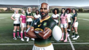 A realistic, high-definition image of a South African rugby player who resembles Siya Kolisi, clad in the green and gold uniform of the South African national team, embracing the growth of women's rugby. He is standing in a well-maintained rugby field, holding a rugby ball under his arm. Behind him, a diverse group of female rugby players can be seen practicing; they represent a variety of backgrounds, including Caucasian, Hispanic, Black, Middle-Eastern, South Asian, among others. They all wear determination on their faces, encapsulating the spirit and drive of women in rugby.