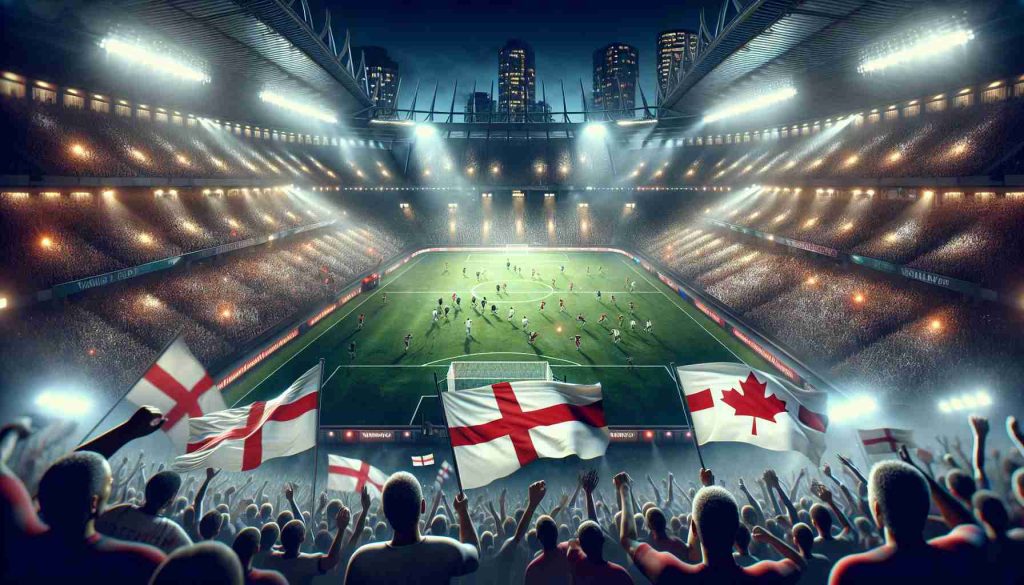 A high-definition, realistic image of an intense scene in Vancouver, Canada. This scene depicts a thrilling battle between two sports teams, one representing Canada and the other England. The atmosphere is electric as spectators cheer, the stadium bathed in bright lights. The English team can be seen dramatically overcoming their Canadian counterparts. Note: No particular sport is specified, so it could be any sport where England and Canada compete.