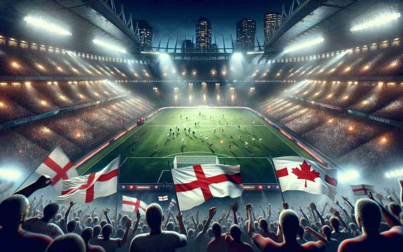 A high-definition, realistic image of an intense scene in Vancouver, Canada. This scene depicts a thrilling battle between two sports teams, one representing Canada and the other England. The atmosphere is electric as spectators cheer, the stadium bathed in bright lights. The English team can be seen dramatically overcoming their Canadian counterparts. Note: No particular sport is specified, so it could be any sport where England and Canada compete.