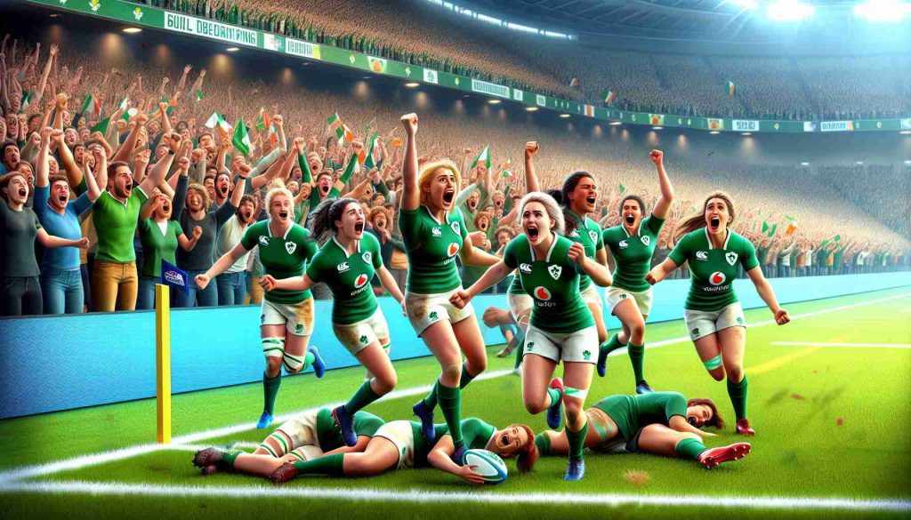 An high-definition, realistic illustration of a pivotal moment in a rugby match. The scene portrays the joyous Irish women's rugby team, filled with determination and excitement, after making a stunning game-winning play against the reigning world champions. The atmosphere is vibrant with disbelief, surprise, and triumphant celebration while onlookers in the backdrop, full of diverse ethnicity and gender, mirror the ecstatic emotions of the team members.