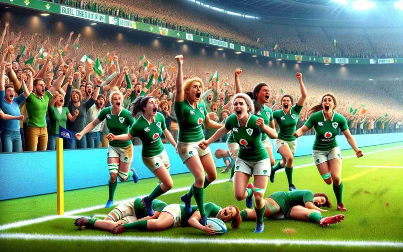 An high-definition, realistic illustration of a pivotal moment in a rugby match. The scene portrays the joyous Irish women's rugby team, filled with determination and excitement, after making a stunning game-winning play against the reigning world champions. The atmosphere is vibrant with disbelief, surprise, and triumphant celebration while onlookers in the backdrop, full of diverse ethnicity and gender, mirror the ecstatic emotions of the team members.