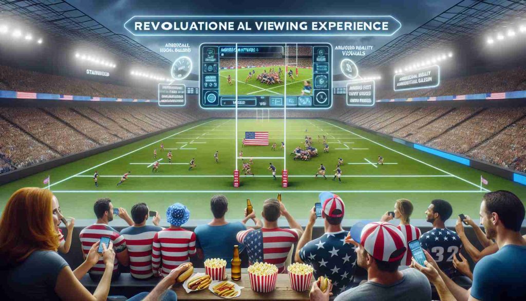 Create a high-definition, realistic image depicting the experience of watching a rugby match for American fans. Include aspects of American culture in the rugby viewing experience, like fans wearing jerseys and caps with team logos, enjoying typical American snacks like popcorn and hot dogs. The setting should be a large rugby stadium with a game ongoing. To signify a revolutionized viewing experience, include features like large, digital scoreboards that display real-time statistics, augmented reality visuals overlaying the field showing player positions, and fans using smartphones to interactively participate. Include fans of diverse genders and descents including Caucasian, Hispanic, Middle-Eastern, and South Asian.