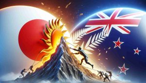 Realistic high-definition image of a symbolic representation of Japan's spirited effort falling short against New Zealand's dominance. This can be visualized with metaphorical objects like a rising sun (Japan's emblem) trying to break through a towering mountain (symbolizing New Zealand) or a similar depiction that shows these contrasting elements.