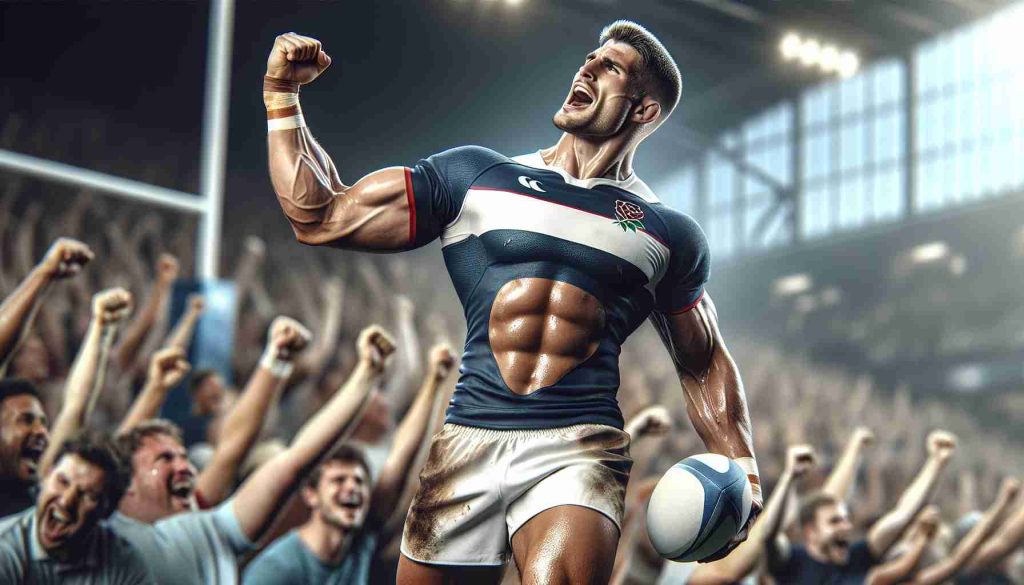 An HD photo of a generic rugby player celebrating his successful return to international rugby. The player, dressed in a rugby kit, pumps his fist in the air, exuding joy and satisfaction. He is physically fit, showcasing muscular arms and legs and a short, well-groomed hairstyle. Sweat drips off his forehead, suggesting an intense match just concluded. Spectators, lost in a sea of excitement, can be seen in the background cheering, their faces blurred to maintain focus on the triumphant player.