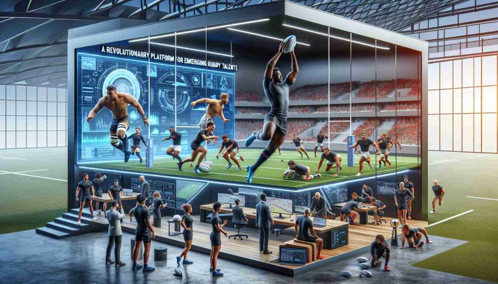 Create a realistic, high-definition photo featuring a conceptual representation of 'A Revolutionary Platform for Emerging Rugby Talents'. This could include a 3D visualization of a modern, advanced sports training facility with state-of-the-art equipment and technology. The setting also features several different depictions of diverse emerging rugby talents. For instance, a Black male rugby player practicing a scrum, a Hispanic female coach analyzing rugby tactics on a digital screen, a Caucasian male doing a Haka war dance, and a South Asian female player executing a perfect drop-kick on the field.