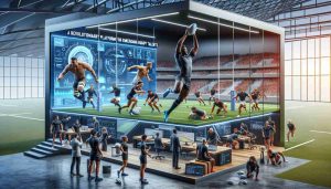 Create a realistic, high-definition photo featuring a conceptual representation of 'A Revolutionary Platform for Emerging Rugby Talents'. This could include a 3D visualization of a modern, advanced sports training facility with state-of-the-art equipment and technology. The setting also features several different depictions of diverse emerging rugby talents. For instance, a Black male rugby player practicing a scrum, a Hispanic female coach analyzing rugby tactics on a digital screen, a Caucasian male doing a Haka war dance, and a South Asian female player executing a perfect drop-kick on the field.