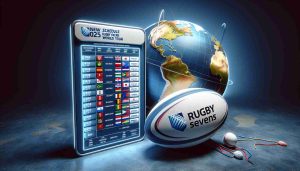 A realistic high definition image showcasing a new schedule for the 2025 Rugby Sevens World Tour, sponsored by a major international bank. The schedule displays various dates, event venues, and team names. Visual elements include a rugby ball, the globe as the background, and rugby sevens insignia.