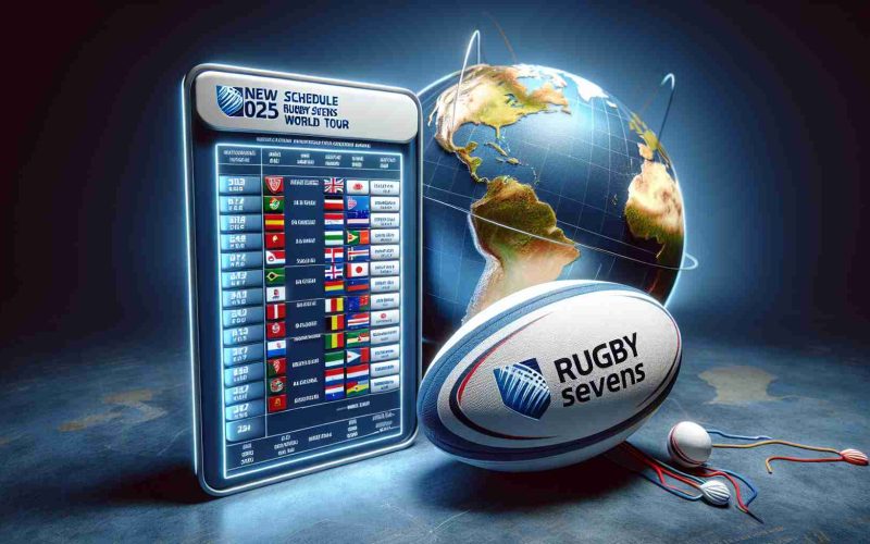 A realistic high definition image showcasing a new schedule for the 2025 Rugby Sevens World Tour, sponsored by a major international bank. The schedule displays various dates, event venues, and team names. Visual elements include a rugby ball, the globe as the background, and rugby sevens insignia.