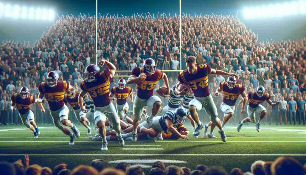 A high-definition, realistic image of a rugby-inspired revival in college football, showcasing college athletes energetically charging the football field during a game. The players can be seen using strategic maneuvers common in Rugby, blending the sports in a unique way. The crowd in the backdrop is packed with excited students and faculty, creating an ambiance of college spirit and enthusiasm for this new take on football.