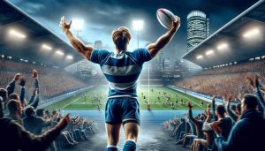 A high-definition realistic picture portraying the incredible journey of a successful anonymous international rugby player starting from a raw talent (Sevens star) to becoming an international sensation. Showcase various stages of his life including intense rugby training, moments of competitive games, the cheers of the crowd, personal struggles, and triumphant victories.