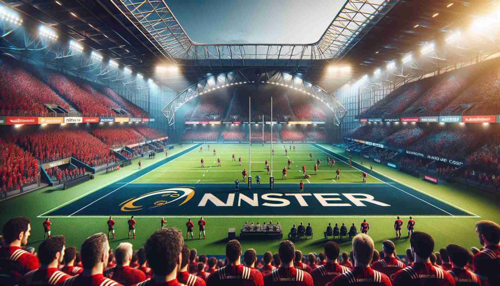 High-definition, realistic photo of the thrilling future times of a famous rugby team from Munster, set in the 2024-2025 season. The image captures an atmospheric stadium buzzing with anticipation, the pitch spruced up for a game, filled with athletes in red and navy uniforms. Visible in the image is the branding of the team, an excited crowd in the stands and vivid details that fuel the excitement of imminent thriving times.