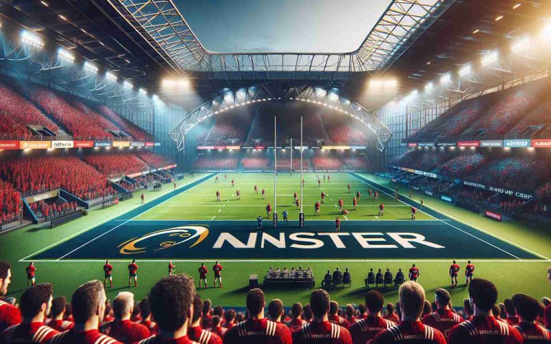 High-definition, realistic photo of the thrilling future times of a famous rugby team from Munster, set in the 2024-2025 season. The image captures an atmospheric stadium buzzing with anticipation, the pitch spruced up for a game, filled with athletes in red and navy uniforms. Visible in the image is the branding of the team, an excited crowd in the stands and vivid details that fuel the excitement of imminent thriving times.