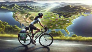 A realistic, high-definition visual of a Hispanic female amateur cyclist beginning her solo journey spanning multiple counties. She is fully equipped, riding a road bicycle with determination, clearly seen in her posture. The lush green landscapes of various counties unfurl before her. The banner on her bicycle signifies that she is pedaling for a cause, and that cause is promoting and supporting education for youth. One can feel her passion and resolve through this image of a lone cyclist against the backdrop of vast lands she is about to traverse.