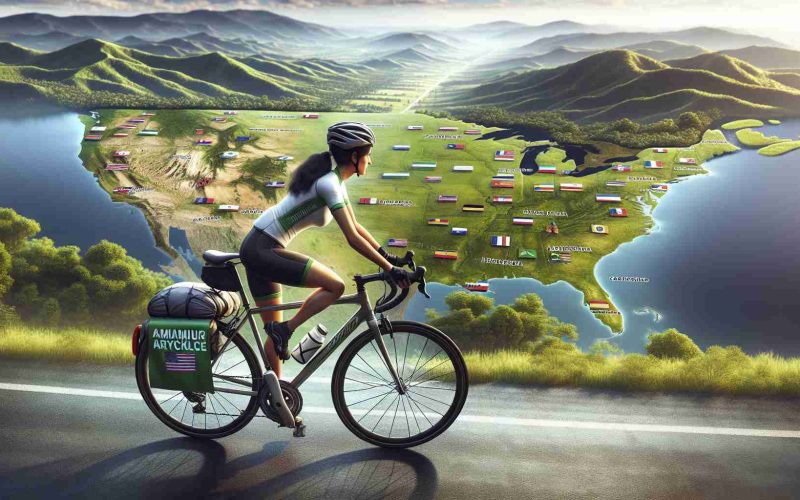 A realistic, high-definition visual of a Hispanic female amateur cyclist beginning her solo journey spanning multiple counties. She is fully equipped, riding a road bicycle with determination, clearly seen in her posture. The lush green landscapes of various counties unfurl before her. The banner on her bicycle signifies that she is pedaling for a cause, and that cause is promoting and supporting education for youth. One can feel her passion and resolve through this image of a lone cyclist against the backdrop of vast lands she is about to traverse.