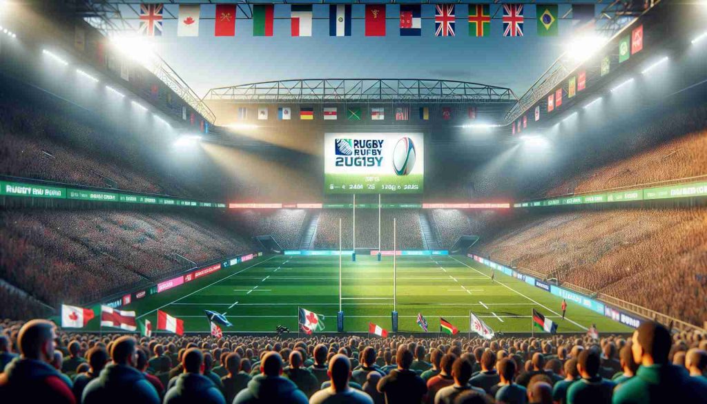 A realistic, high-definition image capturing the anticipation and excitement of an upcoming rugby event in 2025. The picture features a vibrant stadium full of eager fans of diverse descents and genders, banners showcasing the event details whipping in the breeze, and the meticulously kept rugby field under powerful floodlights. The tension and hushed anticipation for this colossal showdown is palpable.