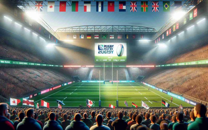 A realistic, high-definition image capturing the anticipation and excitement of an upcoming rugby event in 2025. The picture features a vibrant stadium full of eager fans of diverse descents and genders, banners showcasing the event details whipping in the breeze, and the meticulously kept rugby field under powerful floodlights. The tension and hushed anticipation for this colossal showdown is palpable.