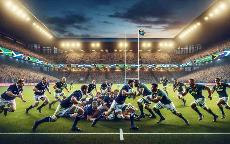 An intense scene from a rugby match, capturing the moment of dramatic 'clash'. On one side, the Scotland rugby union team dressed in navy blue and white, fiercely charging ahead. On the other side, the Springboks, the South African rugby team, dressed in green and gold, putting up a strong defense. The audience in the background, ecstatic, waving flags of blue and white, and green and gold. The atmosphere is electric. The rugby pitch is perfectly maintained, bright green, marked with white lines. The scene is set under bright floodlights against a twilight sky.