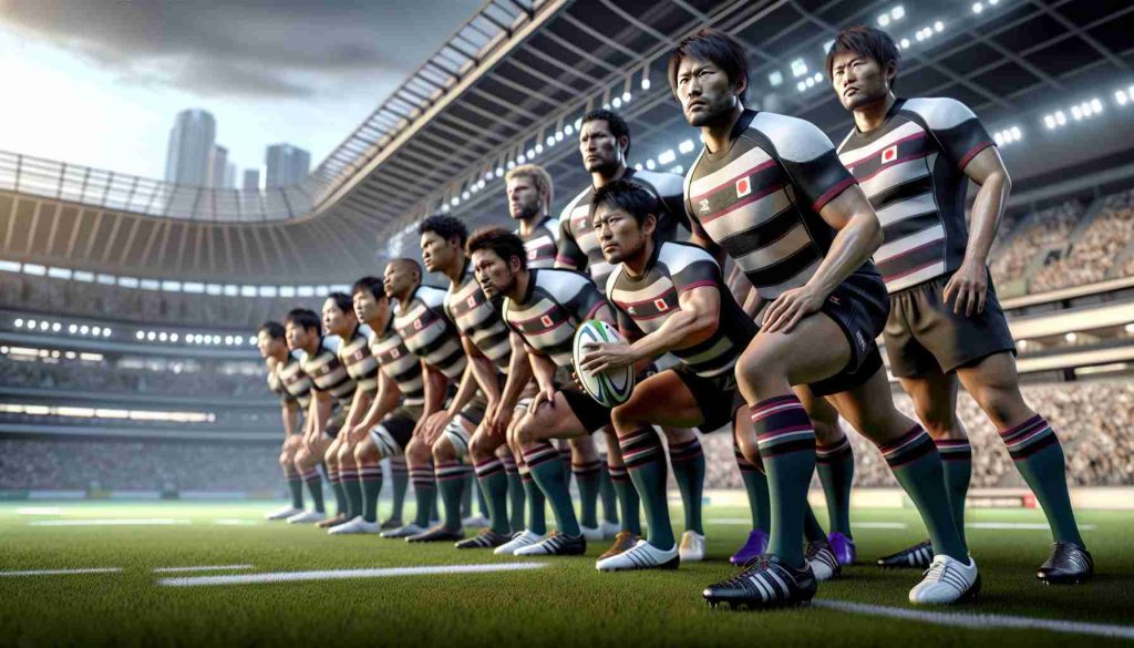 A high-definition, realistic image of a rugby team gearing up for a tough match. The team members, consisting of a diverse range of players from Japanese descent and others hail from a variety of backgrounds like Caucasian and Black descent. The scene captures their determination, teamwork, and discipline. They are visible in their sports gear with characteristic stripes and colors, identifiable as a Japanese rugby team. The stadium is buzzing with anticipation, with the scenic view of the cityscape in the background.