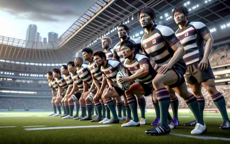 A high-definition, realistic image of a rugby team gearing up for a tough match. The team members, consisting of a diverse range of players from Japanese descent and others hail from a variety of backgrounds like Caucasian and Black descent. The scene captures their determination, teamwork, and discipline. They are visible in their sports gear with characteristic stripes and colors, identifiable as a Japanese rugby team. The stadium is buzzing with anticipation, with the scenic view of the cityscape in the background.