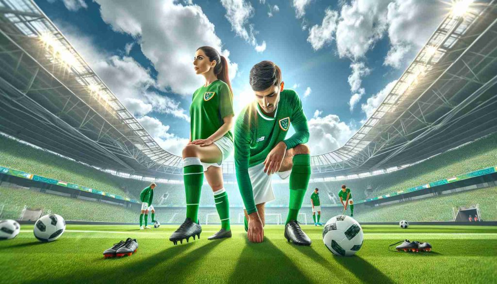 High-definition, realistic image of Ireland's green soccer field. In the center, two novice players, a Hispanic woman and a Middle-Eastern man, are preparing for a match against Argentina. They're dressed in green and white uniforms, cleats firmly planted on the lush grass, evoking hope and anticipation for their performance. The sky above cast a dramatic backdrop with scattered, sun-lit clouds, and the stadium in the background brimming with excited spectators.