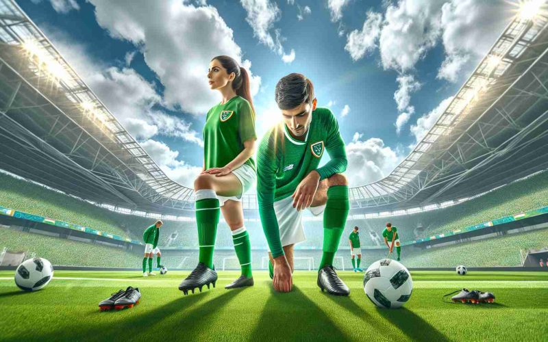 High-definition, realistic image of Ireland's green soccer field. In the center, two novice players, a Hispanic woman and a Middle-Eastern man, are preparing for a match against Argentina. They're dressed in green and white uniforms, cleats firmly planted on the lush grass, evoking hope and anticipation for their performance. The sky above cast a dramatic backdrop with scattered, sun-lit clouds, and the stadium in the background brimming with excited spectators.