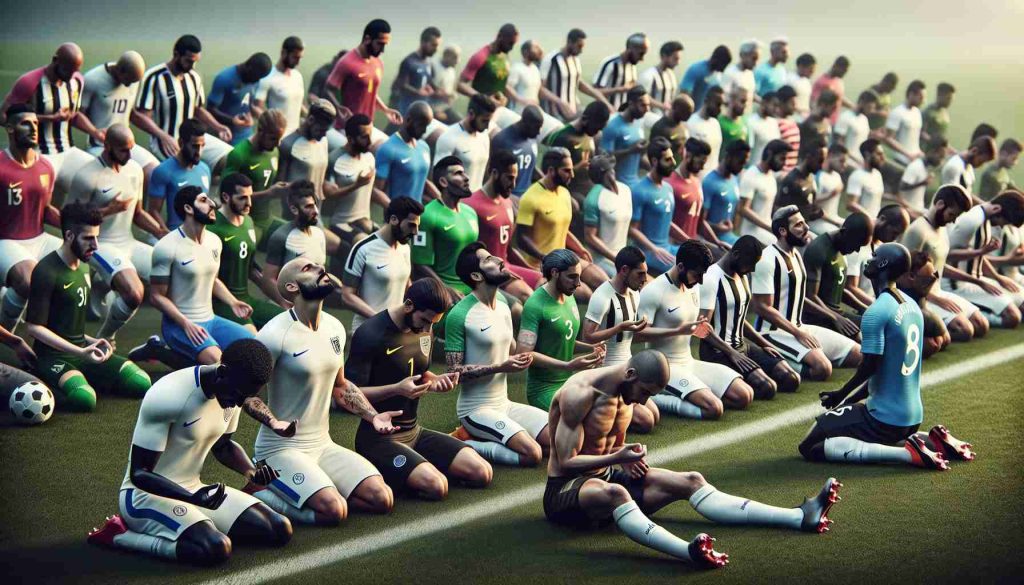 A high-definition, realistic image of a diverse group of football players, each hailing from different descents such as Hispanic, Caucasian, Black, Middle-Eastern, and South Asian. They are engaged in unique pre-match rituals, showcasing tactics peculiar to their individual cultural backgrounds. Some kneel quietly, absorbed in intense concentration, while others amuse themselves with special amulets or tokens, and a few engage in dynamic stretching exercises. The atmosphere is electrifying yet respectful, setting the stage for the upcoming match.