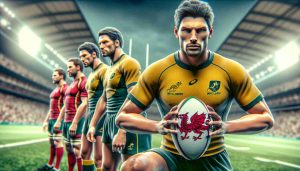 A realistic high-definition depiction of wallabies, dressed in suitable athletic clothing and looking prepared and determined. They're in a rugby field, ready for a crucial match. The opposing team, represented by the symbol of a red dragon, indicating Wales, is in the background, awaiting the challenge. Put emphasis on the anticipation and intensity of the upcoming sporting event.