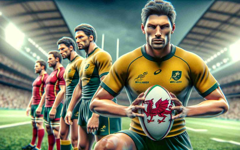 A realistic high-definition depiction of wallabies, dressed in suitable athletic clothing and looking prepared and determined. They're in a rugby field, ready for a crucial match. The opposing team, represented by the symbol of a red dragon, indicating Wales, is in the background, awaiting the challenge. Put emphasis on the anticipation and intensity of the upcoming sporting event.