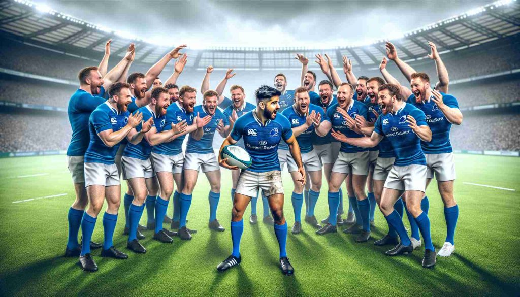 A high-definition, realistic image displaying a rugby team enthusiastically welcoming a new member. The rugby team is seen dressed in blue and white, the color representative of Leinster province. The new addition, a male footballer of South Asian descent, is holding a rugby ball, appearing overjoyed by the warm welcome. The background is a sprawling, well-maintained rugby pitch teeming with anticipation and excitement.