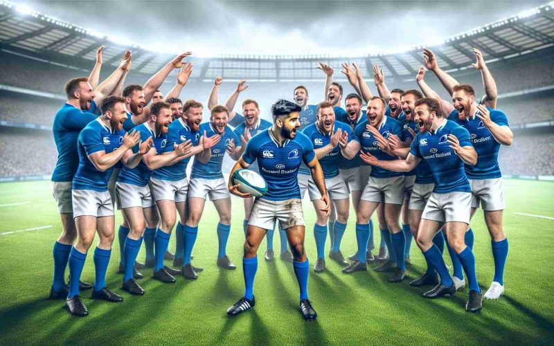 A high-definition, realistic image displaying a rugby team enthusiastically welcoming a new member. The rugby team is seen dressed in blue and white, the color representative of Leinster province. The new addition, a male footballer of South Asian descent, is holding a rugby ball, appearing overjoyed by the warm welcome. The background is a sprawling, well-maintained rugby pitch teeming with anticipation and excitement.