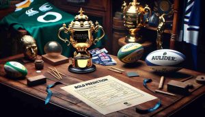 A detailed, ultra high-resolution and realistic image of a bold prediction for the forthcoming World Rugby Men's Player of the Year award. On the left, the golden trophy for the award, with intricate designs and detailing. On the right, a piece of paper on a wooden table with a handwritten prediction. Surrounding the table objects are fan memorabilia and rugby gear, suggesting an atmosphere of excitement and anticipation for the reveal of the winner.