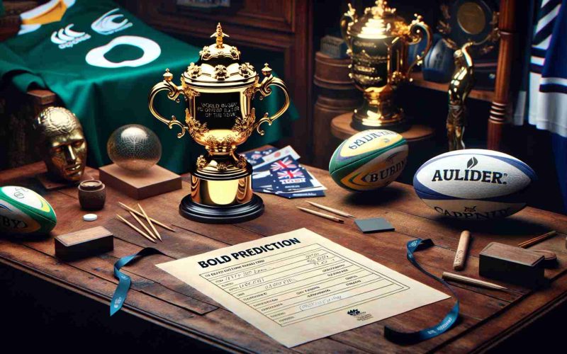 A detailed, ultra high-resolution and realistic image of a bold prediction for the forthcoming World Rugby Men's Player of the Year award. On the left, the golden trophy for the award, with intricate designs and detailing. On the right, a piece of paper on a wooden table with a handwritten prediction. Surrounding the table objects are fan memorabilia and rugby gear, suggesting an atmosphere of excitement and anticipation for the reveal of the winner.