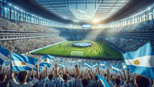 Create a high-definition, realistic image of a homecoming event held at a large, modern stadium. The crowd is jubilant, with flags in blue and white, representing the colors of Argentina. The event could be a sporting meet, and the spectators are filled with anticipation and excitement.