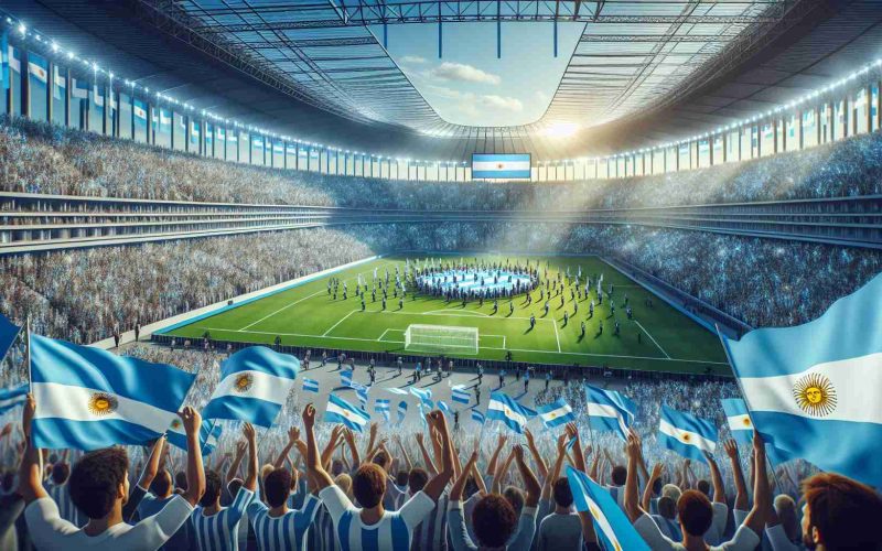 Create a high-definition, realistic image of a homecoming event held at a large, modern stadium. The crowd is jubilant, with flags in blue and white, representing the colors of Argentina. The event could be a sporting meet, and the spectators are filled with anticipation and excitement.