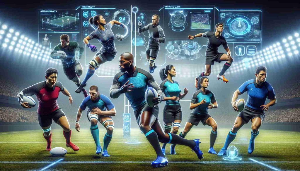 High-definition, realistic illustration of the future of rugby, showcasing next-gen tech like augmented reality for strategy planning, new-age protective gears for players, and advanced analytics for improving game strategy. Also includes several diverse players in the field: an Asian woman prop, Hispanic man wing, Black woman lock, and Middle-Eastern man fly-half, all in action, displaying excellent teamwork and heightened athletic prowess.