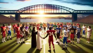 Create a high-definition, realistic image depicting a scene that represents the concept of 'Building Bridges through Sports'. Picture a football field with players of diverse descents like Caucasian, Black, Hispanic, Middle-Eastern, and South Asian. Show people exchanging jerseys or helping one another up signifying the unity sports can provide. Also, incorporate symbolic bridges in the background to tie the metaphor together. Everyone is in their respective team uniforms, of different colors and logos, and the setting sun casts a beautiful glow on the field.