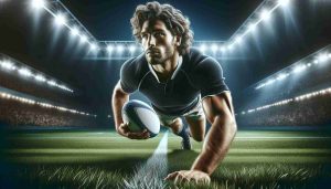 A realistic, high-definition image of a professional rugby player with a muscular physique, curly hair, and a determined expression on his face. We see him making a spectacular return to the rugby field. The atmosphere is charged with anticipation; the grass on the field is meticulously manicured; the stadium lights cast dramatic shadows; the crowd in the background roars in excitement. The player is wearing a traditional rugby kit, ball in hand, poised to make a significant play.