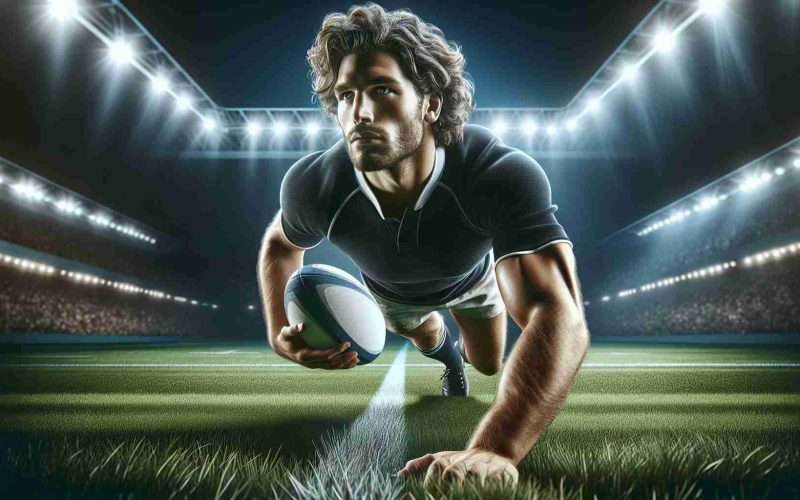 A realistic, high-definition image of a professional rugby player with a muscular physique, curly hair, and a determined expression on his face. We see him making a spectacular return to the rugby field. The atmosphere is charged with anticipation; the grass on the field is meticulously manicured; the stadium lights cast dramatic shadows; the crowd in the background roars in excitement. The player is wearing a traditional rugby kit, ball in hand, poised to make a significant play.