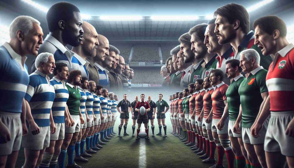 Realistic high-definition image of two historic rival rugby teams facing off on the pitch. The teams are comprised of formidable athletes, reflecting some of the greatest match-ups in the history of the sport, as suggested by an avid rugby supporter.